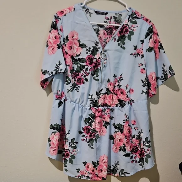 Floral Women's Top - Pink and Blue - Picture 1 of 3